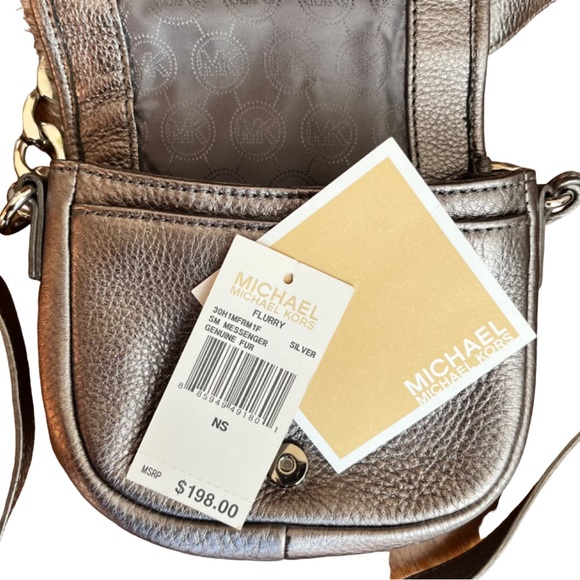 NWT MICHAEL KORS GRAY RABBIT FUR AND SILVER LEATHER CROSSBODY BAG - Picture 5 of 5